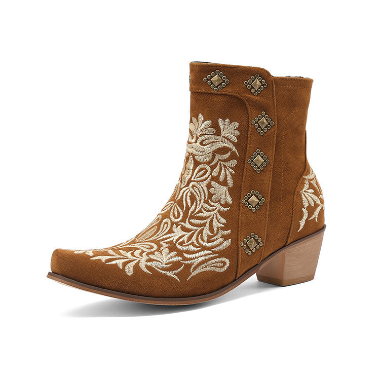 Women Flock Pointed Toe Rivets Embroidery Puppy Heel Cowboy Short Boots