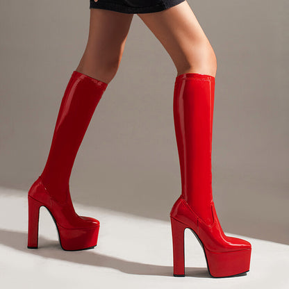 Women Glossy Square Toe Stitching Platform Block Heel Knee High Boots