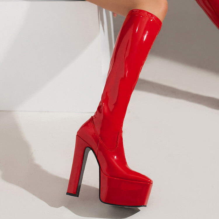 Women Glossy Square Toe Stitching Platform Block Heel Knee High Boots