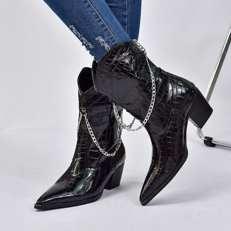 Metal Chains Pointed Toe Puppy Heel Short Boots for Women