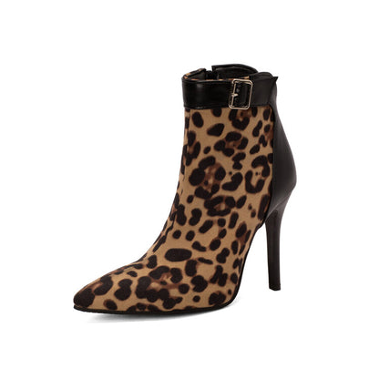 Women Leopard Print Pointed Toe Buckle Stiletto Heel Short Boots