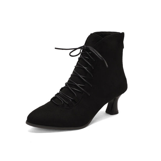 Women Lattice Pointed Toe Lace Up Kitten Heel Short Boots