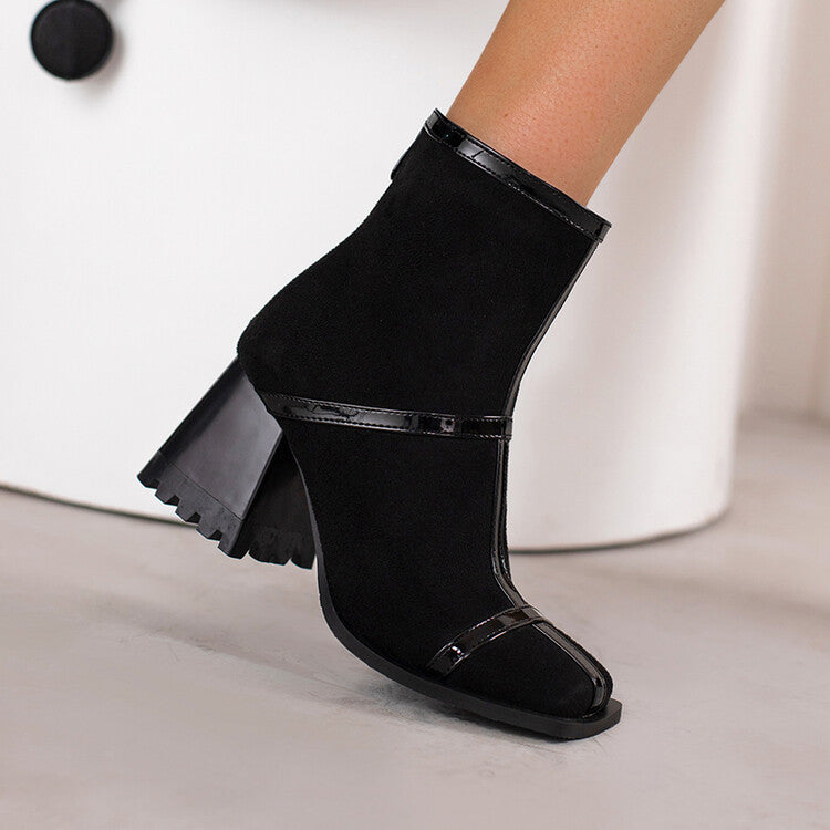 Women Flock Square Toe Block Heel Short Boots