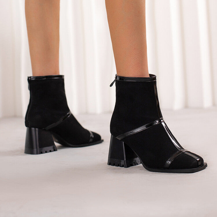 Women Flock Square Toe Block Heel Short Boots