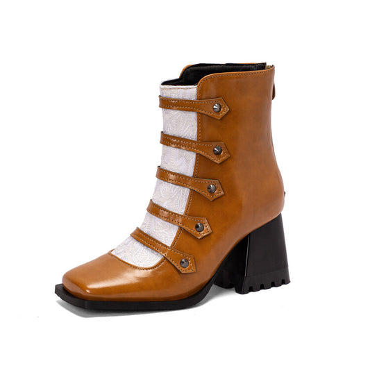 Women Embossed Leather Rivets Block Heel Short Boots