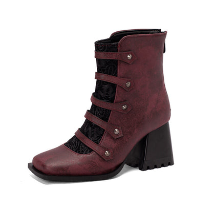 Women Embossed Leather Rivets Block Heel Short Boots