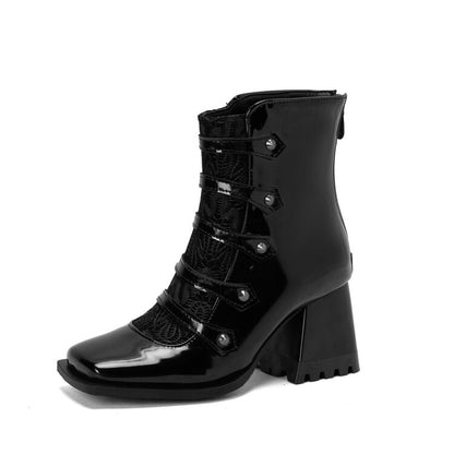 Women Embossed Leather Rivets Block Heel Short Boots