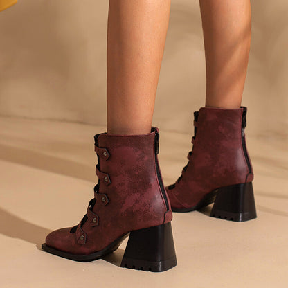 Women Embossed Leather Rivets Block Heel Short Boots