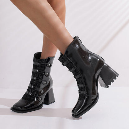 Women Embossed Leather Rivets Block Heel Short Boots