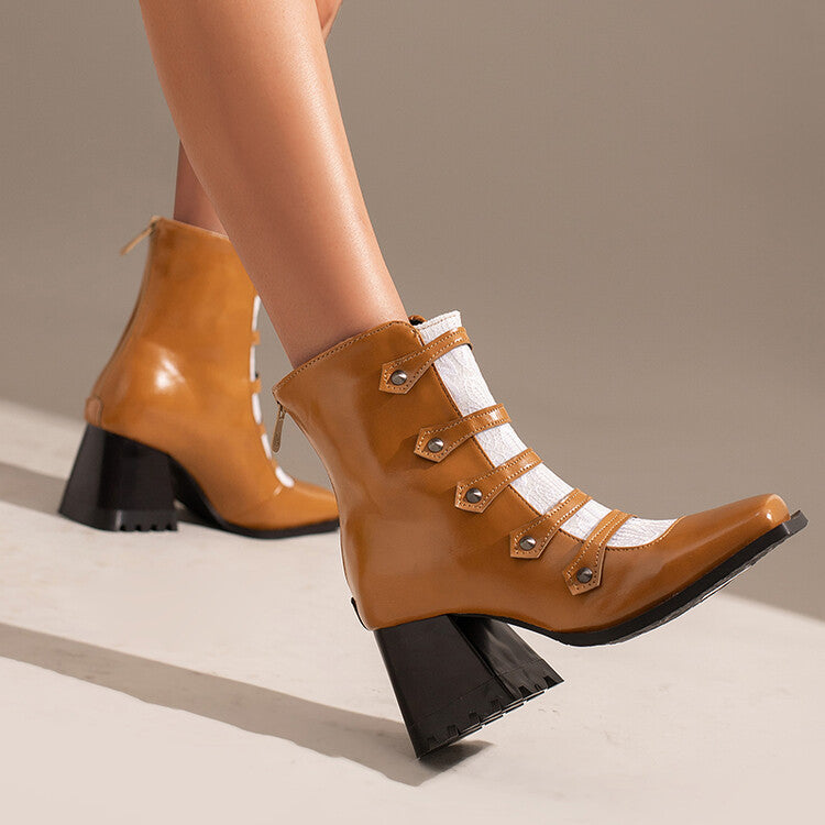 Women Embossed Leather Rivets Block Heel Short Boots