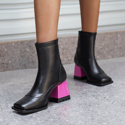 Women Bicolor Square Toe Block Heel Short Boots