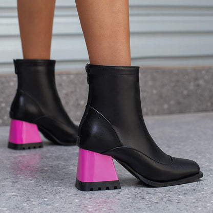 Women Bicolor Square Toe Block Heel Short Boots