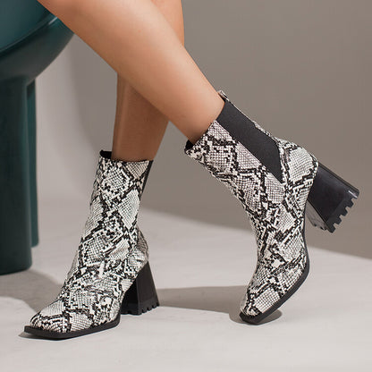 Women Crocodile Pattern Square Toe Elastic Band Block Heel Short Boots