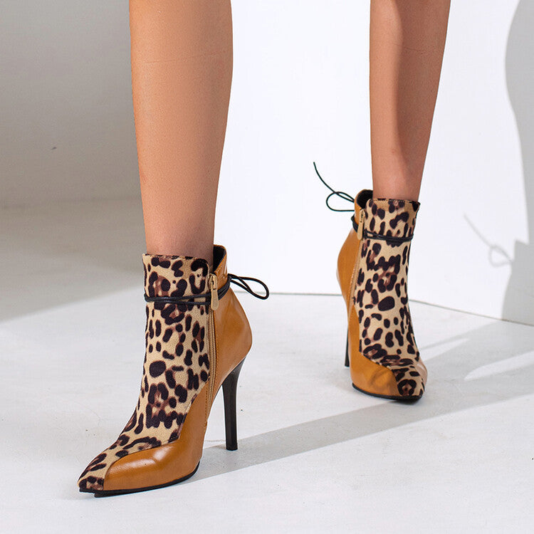 Women Embossed Leather Pu Leather Patchwork Pointed Toe Stiletto Heel Short Boots