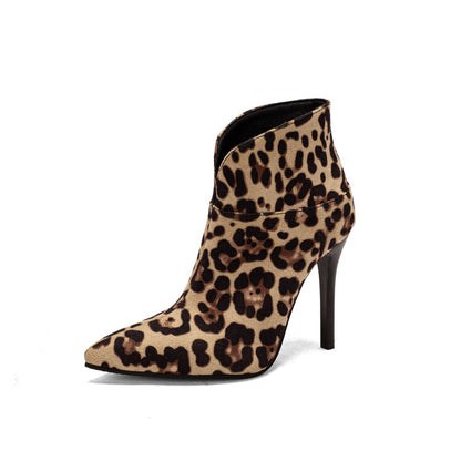 Women Embossed Leather Leopard Print Pointed Toe Stiletto Heel Short Boots