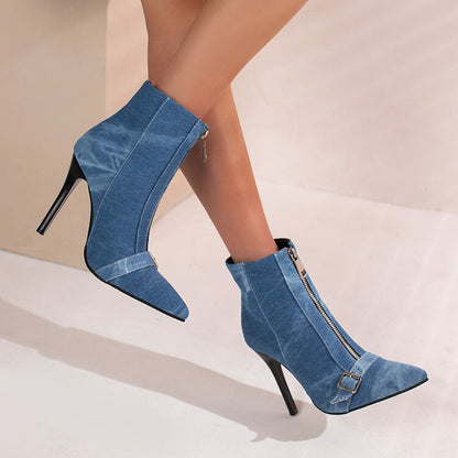 Women Crocodile Pattern Pointed Toe Buckle Zippers Stiletto Heel Short Boots