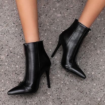 Women Crocodile Pattern Pointed Toe Buckle Zippers Stiletto Heel Short Boots