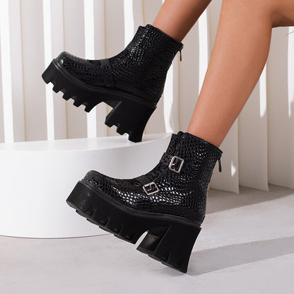 Women Embossed Leather Buckle Straps Block Heel Platform Short Boots