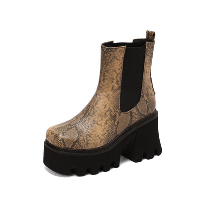 Women Snake Printed Elastic Band Block Heel Platform Short Boots