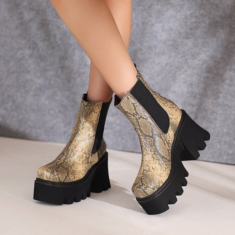 Women Snake Printed Elastic Band Block Heel Platform Short Boots