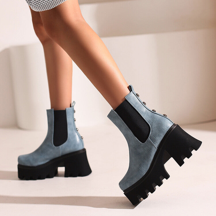 Women Snake Printed Elastic Band Block Heel Platform Short Boots