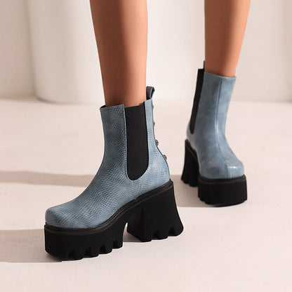 Women Snake Printed Elastic Band Block Heel Platform Short Boots