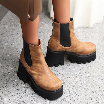 Women Snake Printed Elastic Band Block Heel Platform Short Boots