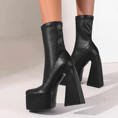 Women Pu Leather Square Toe Triangle Heel Platform Short Boots