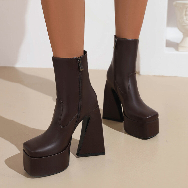 Women Pu Leather Square Toe Side Zippers Triangle Heel Platform Short Boots