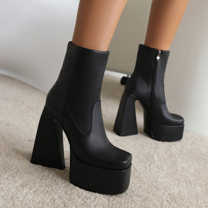 Women Pu Leather Square Toe Side Zippers Triangle Heel Platform Short Boots