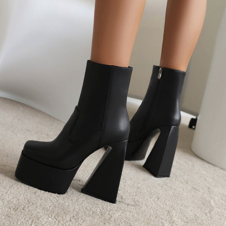 Women Pu Leather Square Toe Side Zippers Triangle Heel Platform Short Boots