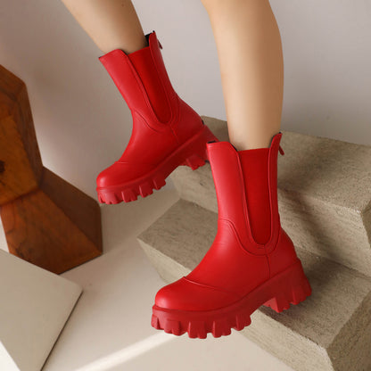 Women Round Toe Stretch Block Chunky Heel Platform Short Boots