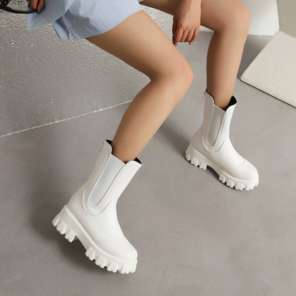 Women Round Toe Stretch Block Chunky Heel Platform Short Boots