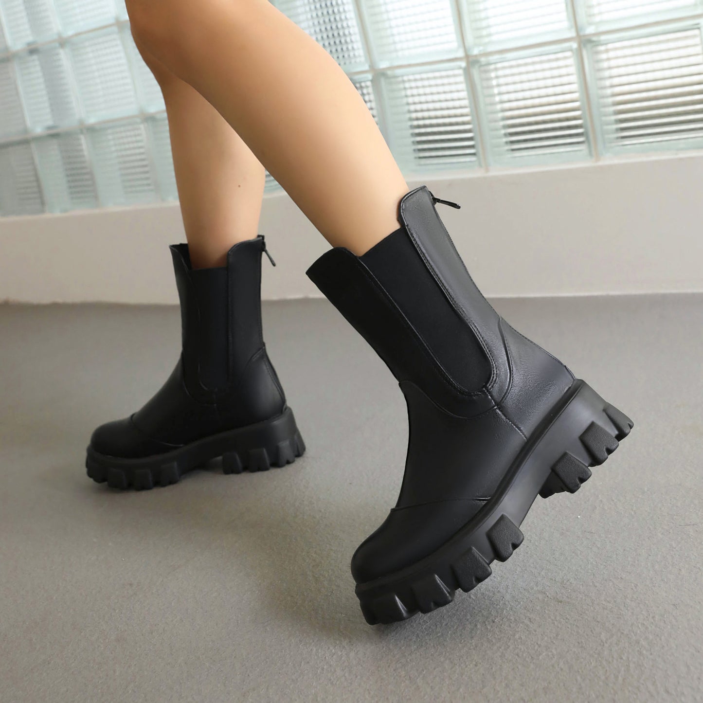 Women Round Toe Stretch Block Chunky Heel Platform Short Boots