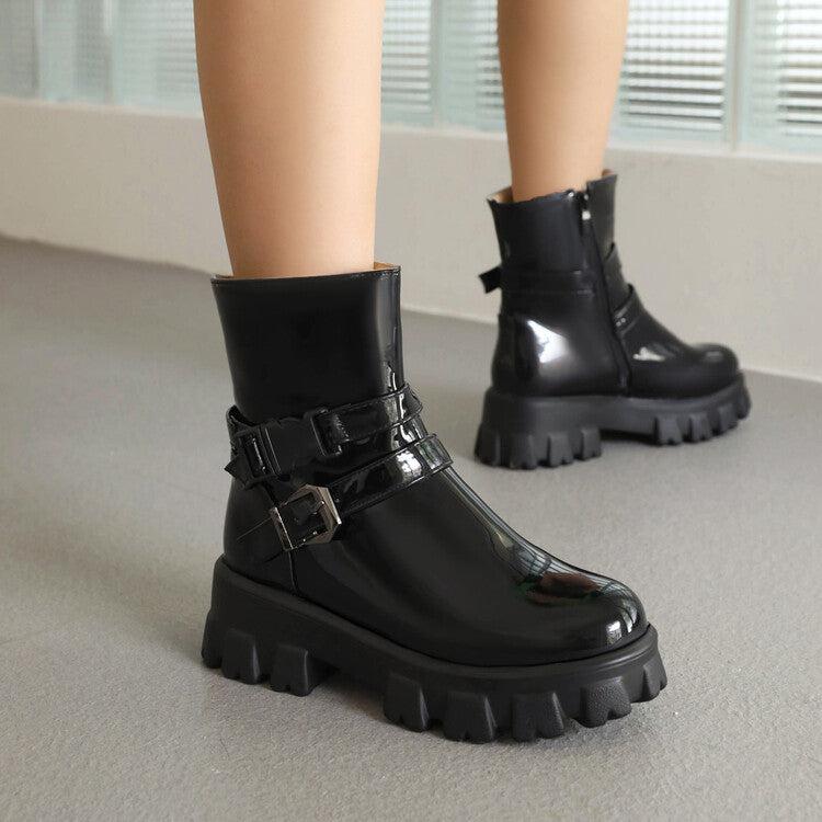 Women Glossy Buckle Straps Block Heel Side Zippers Platform Short Boots