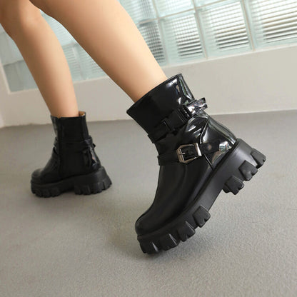 Women Glossy Buckle Straps Block Heel Side Zippers Platform Short Boots