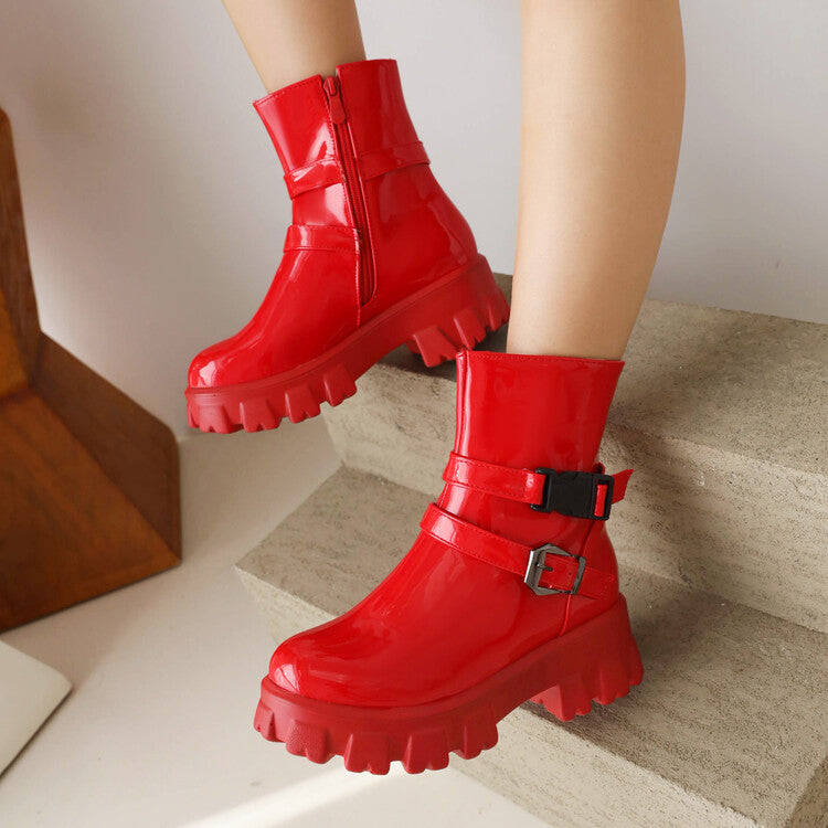 Women Glossy Buckle Straps Block Heel Side Zippers Platform Short Boots