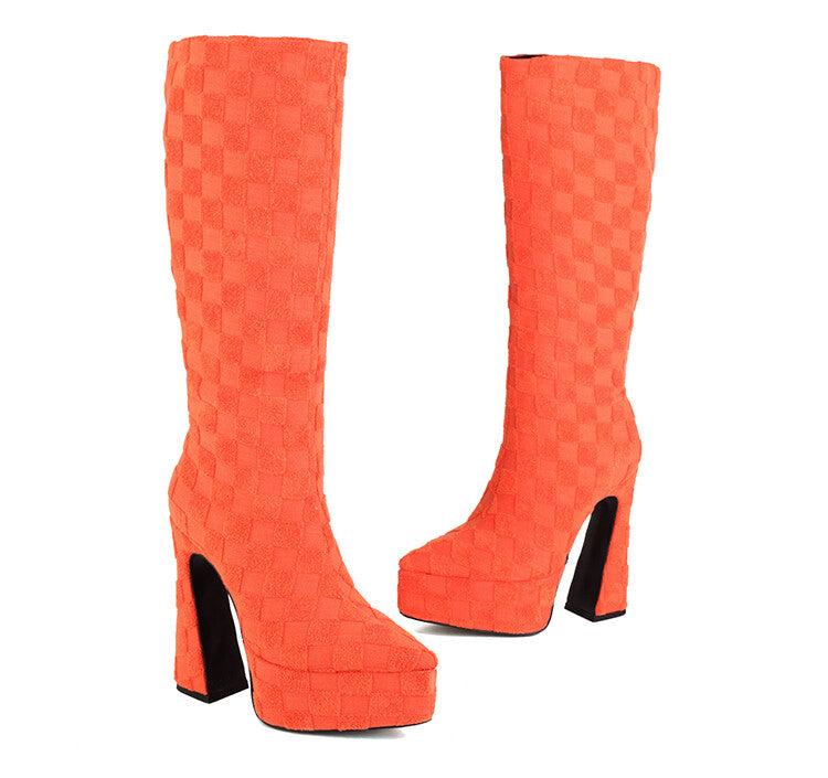 Lattice Pointed Toe Chunky Heel Platform Knee High Boots for Women