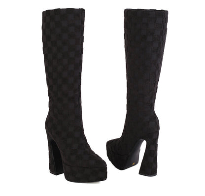 Lattice Pointed Toe Chunky Heel Platform Knee High Boots for Women