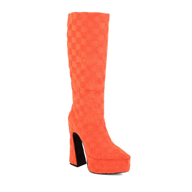 Lattice Pointed Toe Chunky Heel Platform Knee High Boots for Women