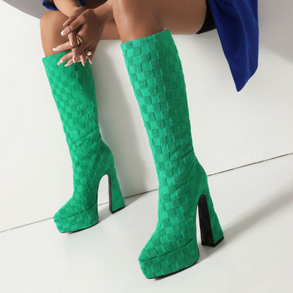 Lattice Pointed Toe Chunky Heel Platform Knee High Boots for Women