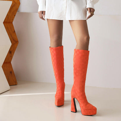 Lattice Pointed Toe Chunky Heel Platform Knee High Boots for Women