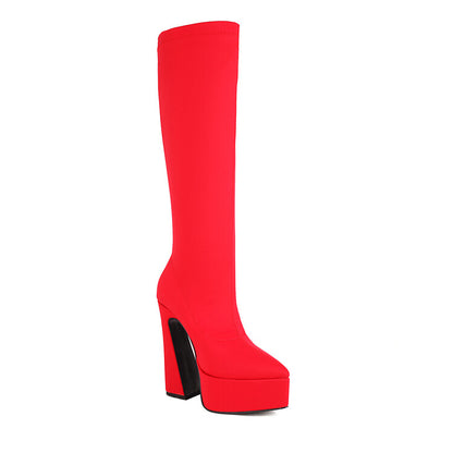 Flock Pointed Toe Stretch Spool Heel Platform Knee High Boots for Women