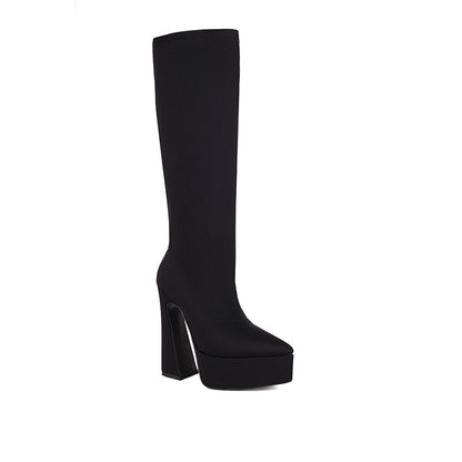 Flock Pointed Toe Stretch Spool Heel Platform Knee High Boots for Women