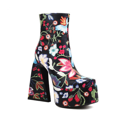 Women Pu Leather Square Toe Flora Printed Triangle Heel Platform Short Boots