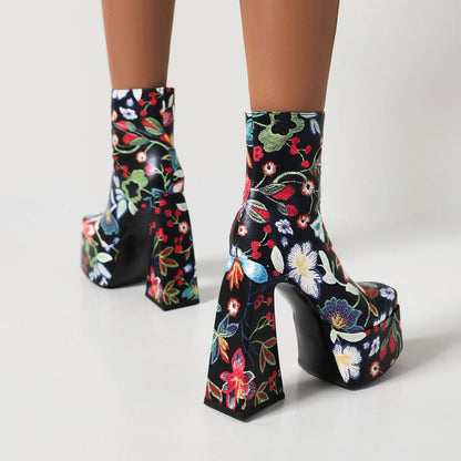 Women Pu Leather Square Toe Flora Printed Triangle Heel Platform Short Boots