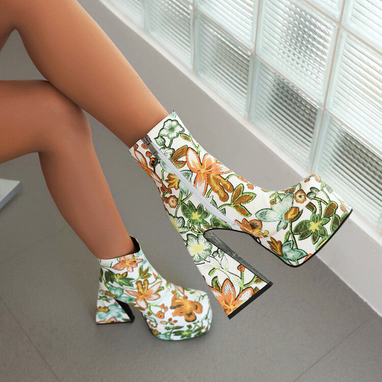 Women Pu Leather Square Toe Flora Printed Triangle Heel Platform Short Boots