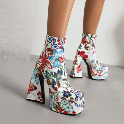 Women Pu Leather Square Toe Flora Printed Triangle Heel Platform Short Boots