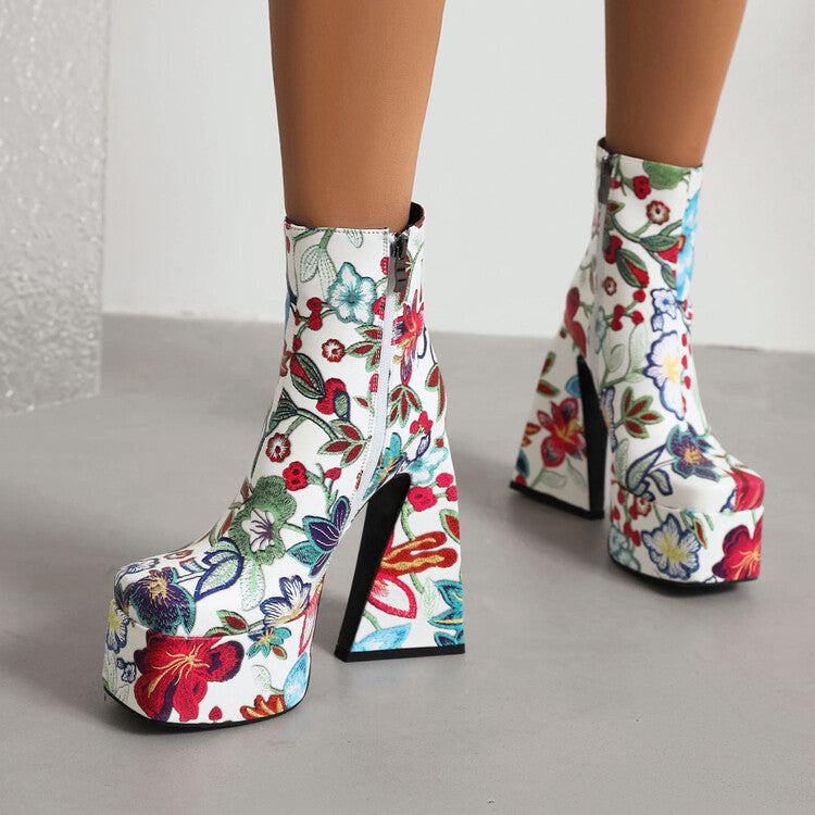 Women Pu Leather Square Toe Flora Printed Triangle Heel Platform Short Boots