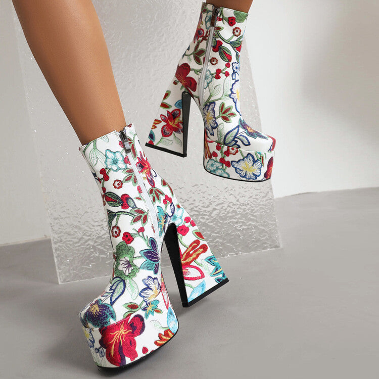 Women Pu Leather Square Toe Flora Printed Triangle Heel Platform Short Boots